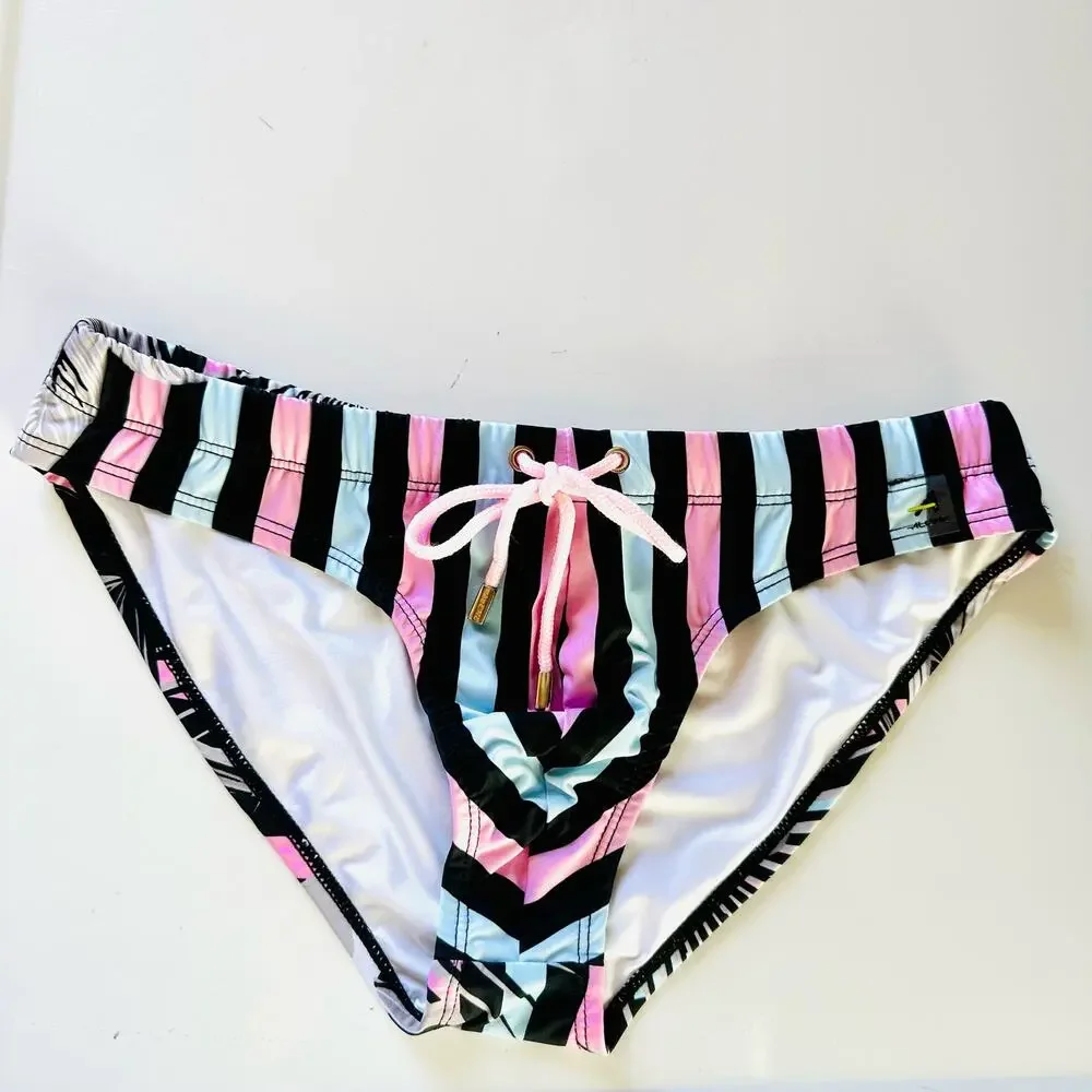 MENS ALONG Black Pink Blue Stripe Grey Floral Print Swim Bikini Brief Speedo S